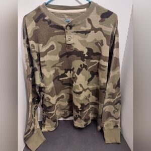 Faded Glory Long Sleeve Camouflage Camo Henley Shirt 2XL Green Brown Cabincore